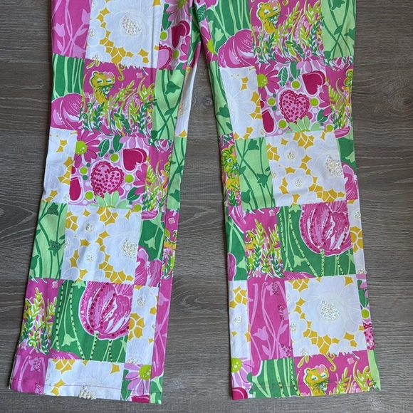 Vtg Lilly Pulitzer white label Patchwork Boot Cut Beads Rhinestones Pants 12 - Picture 4 of 11